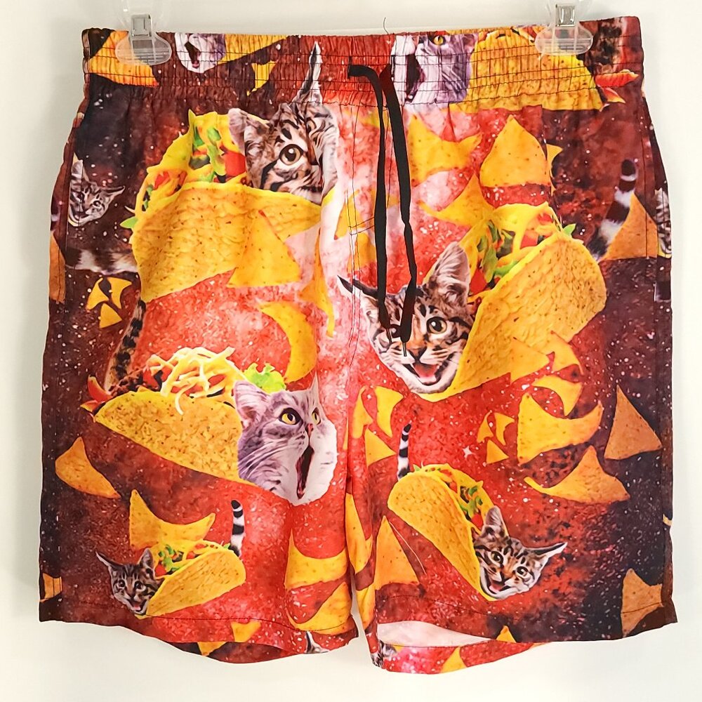 Taco Cat Swim Trunks Men's XL Multicolor Print Lined Elastic Waist Unbranded